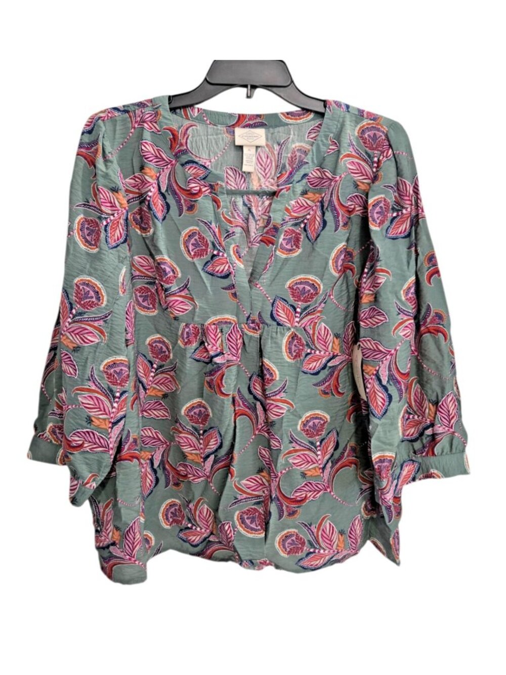 St John's Bay Olive Green Floral Blouse Split Neck 3/4 Sleeve New